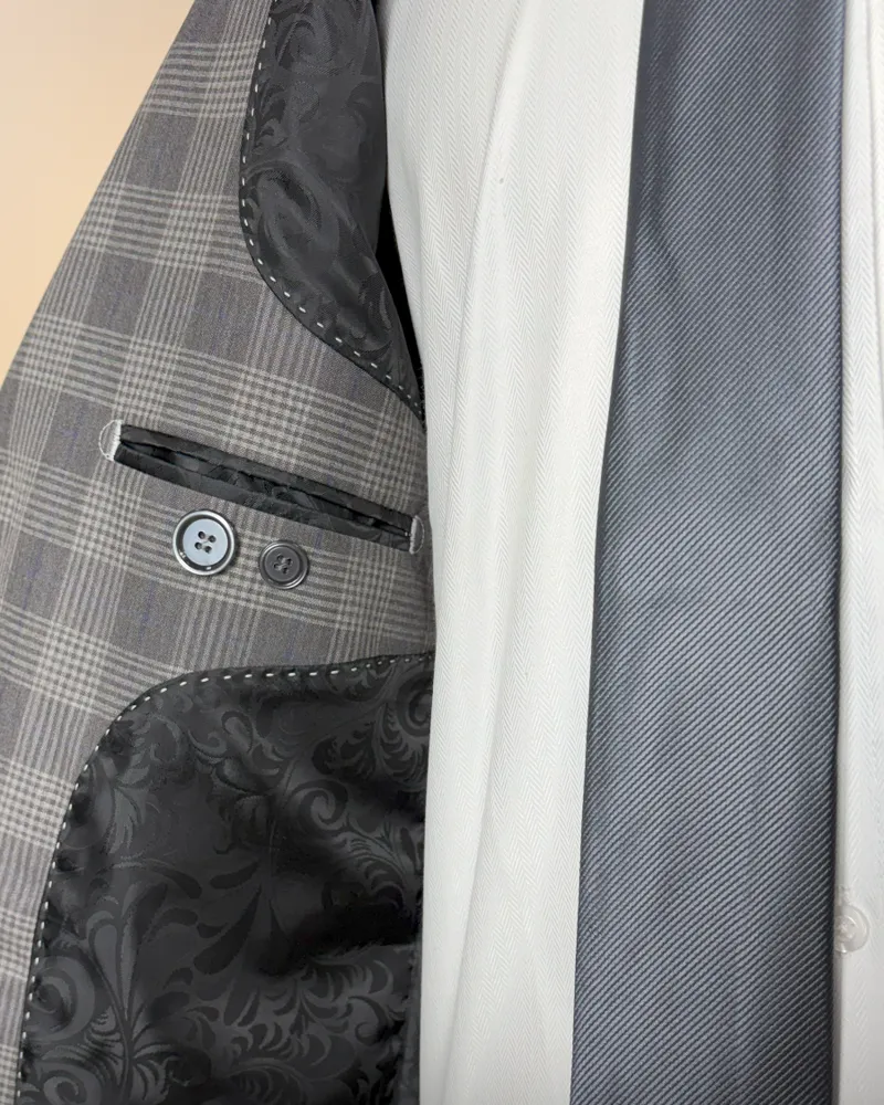 Terno Slim Cinza Xadrez poliviscose premium – detalhe